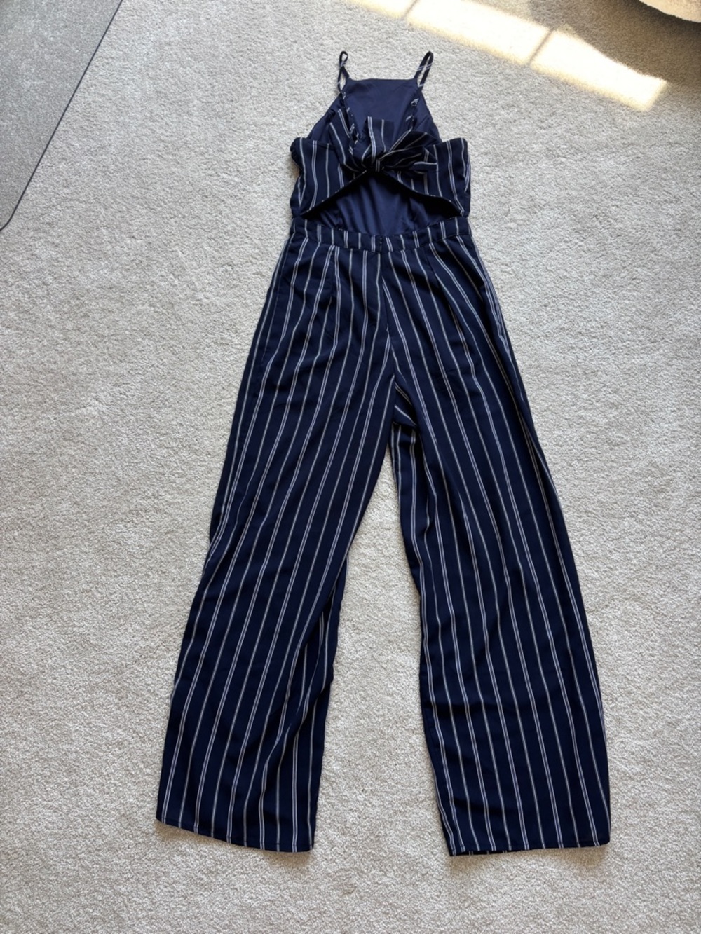 Japna Navy and White Vertical-Stripe Wide-Leg Jumpsuit Sleeveless - Picture 3 of 10